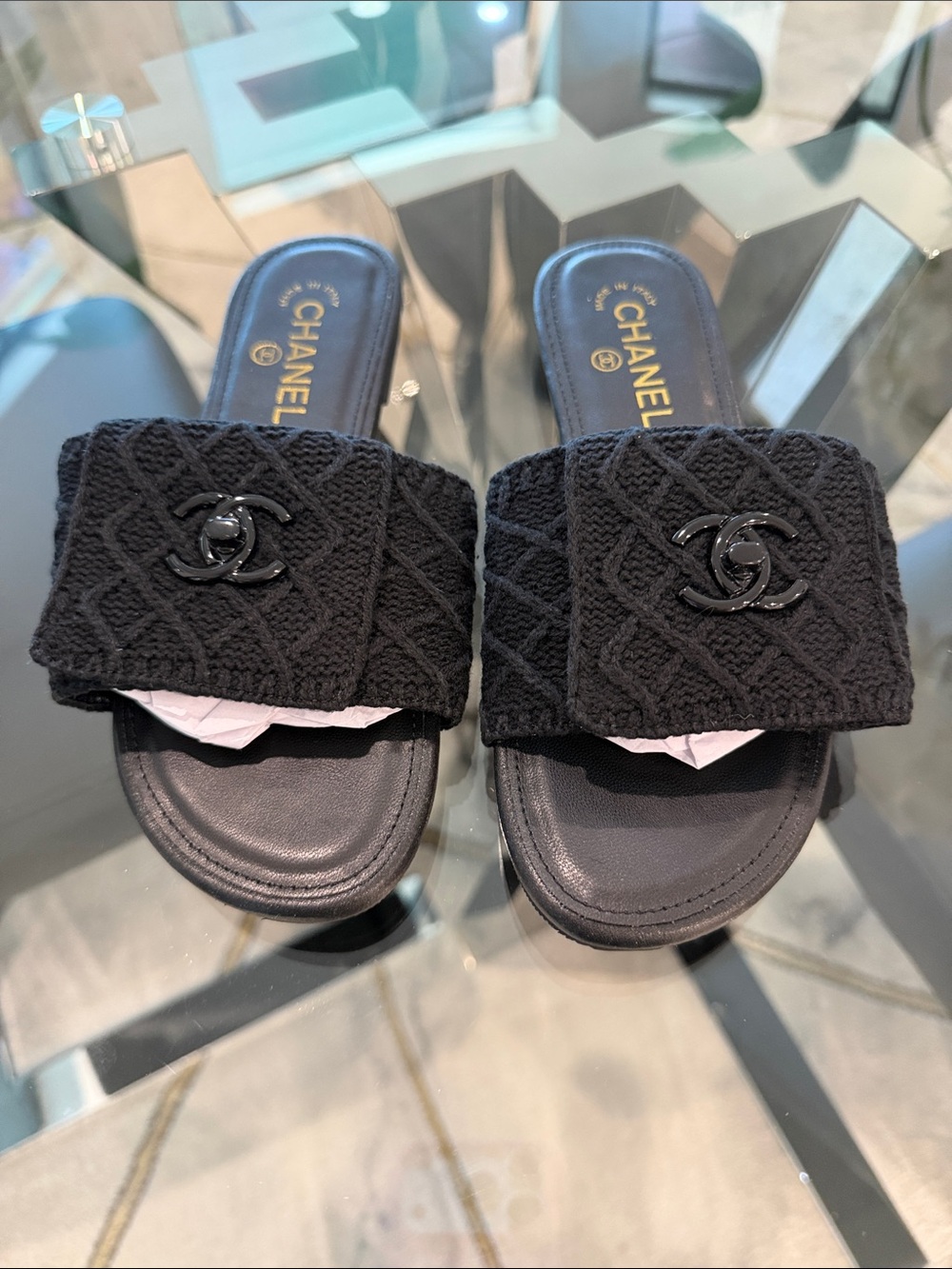 Black Quilted Logo Slide Sandals